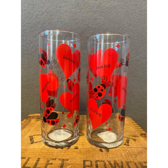 Set of 2 Anchor Hocking Love Bug Drinking Glasses Red Black Valentines Hearts - Picture 3 of 5
